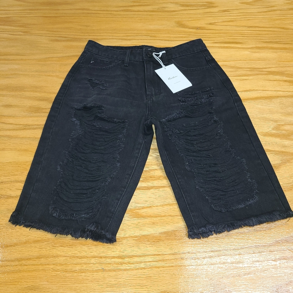 Kancan High Rise Raw Hem Cutoff Denim Jean Shorts Black XS 27x11